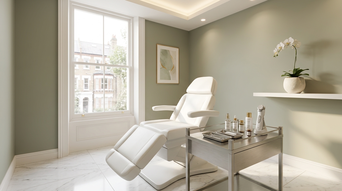 Aesthetic treatment room with premium equipment and soft interiors.
