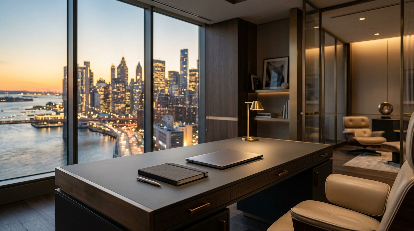 Broker office skyline scene with a calm and professional setting.