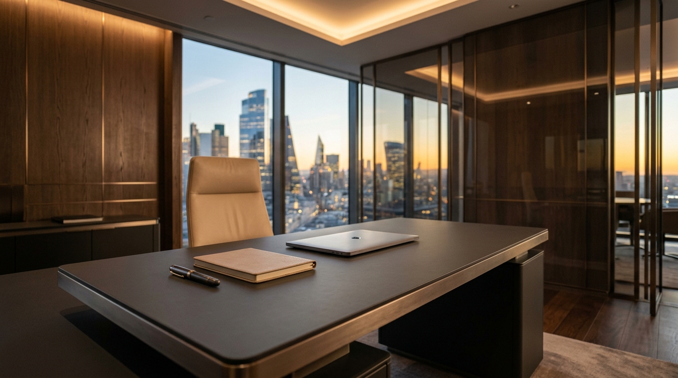 Executive boardroom with a sleek desk and panoramic windows.