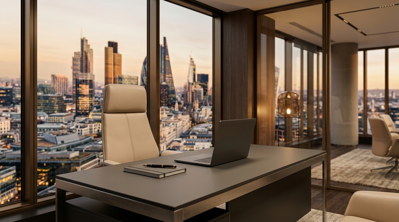 Luxury meeting office with modern décor and a city backdrop.